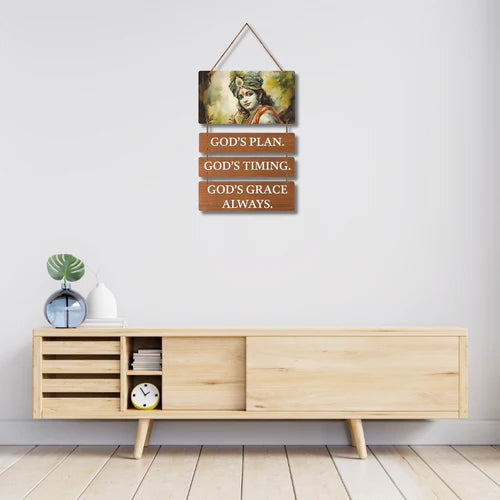 Lord Krishna Inspirational Wooden Wall Hanging – “God’s Plan, Timing & Grace”
