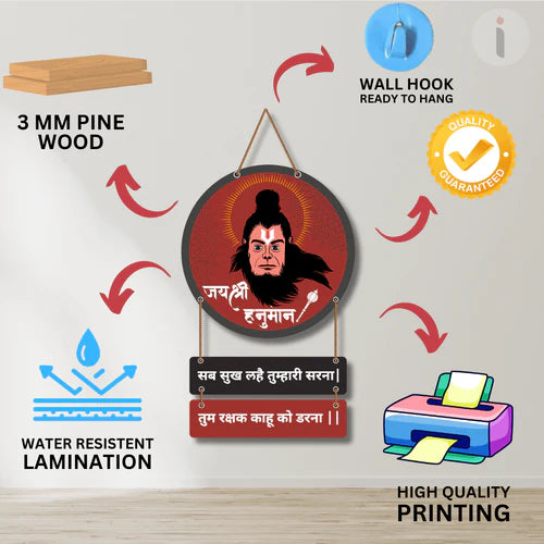 Hanuman Mantra with Photo Round Shape Wooden Wall Hanging