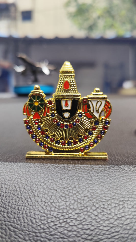 Lord Venkateswara Balaji Idol – Gold Finish with Kiritam & Shankh-Chakra Design for Car Dashboard